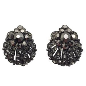 Smoke Gray Rhinestone Earrings Faux Marcasite Clip On Dark Gunmetal Deco Vintage